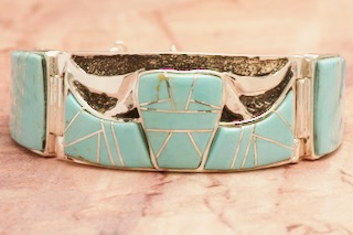 Calvin Begay Genuine Kingman Turquoise Sterling Silver Steer Bracelet